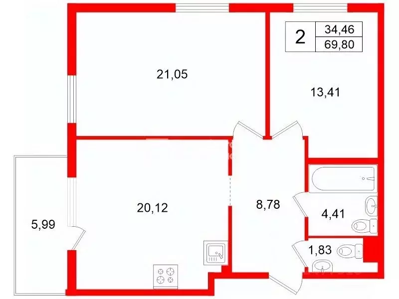 2-к кв. Санкт-Петербург Студенческая ул., 26к3 (69.8 м) - Фото 2