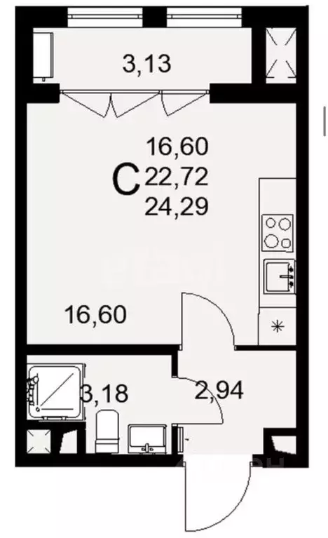 Студия Тульская область, Тула ул. Федора Смирнова, 2к1 (24.29 м) - Фото 2