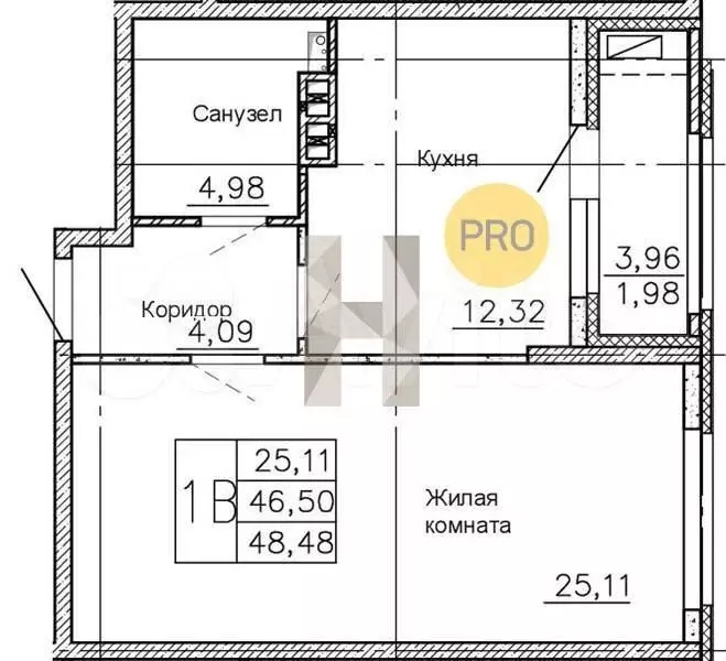 1-к. квартира, 48,5м, 5/25эт. - Фото 1