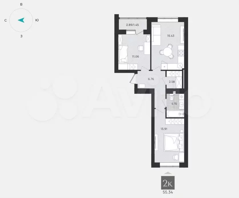 2-к. квартира, 55,3 м, 3/9 эт. - Фото 1