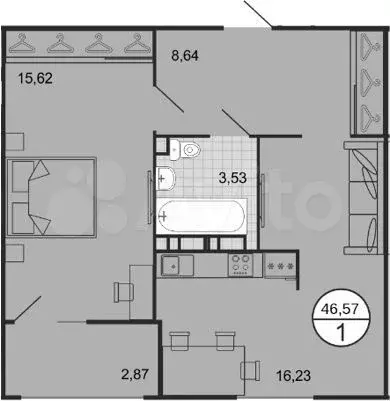 1-к. квартира, 43,7 м, 3/9 эт. - Фото 0