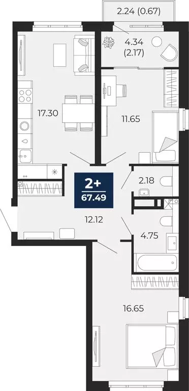 2-комнатная квартира: Тюмень, микрорайон Энтузиастов (64.65 м) - Фото 0