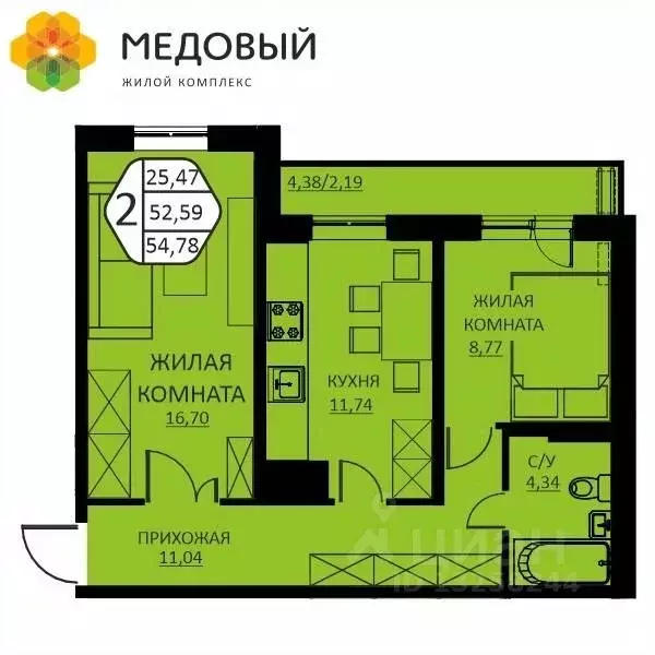 2-к кв. Пермский край, д. Кондратово ул. Н.М. Яблокова, 2 (54.78 м) - Фото 0