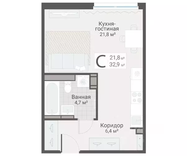 Студия Санкт-Петербург Актерский проезд, 2к2 (32.9 м) - Фото 1