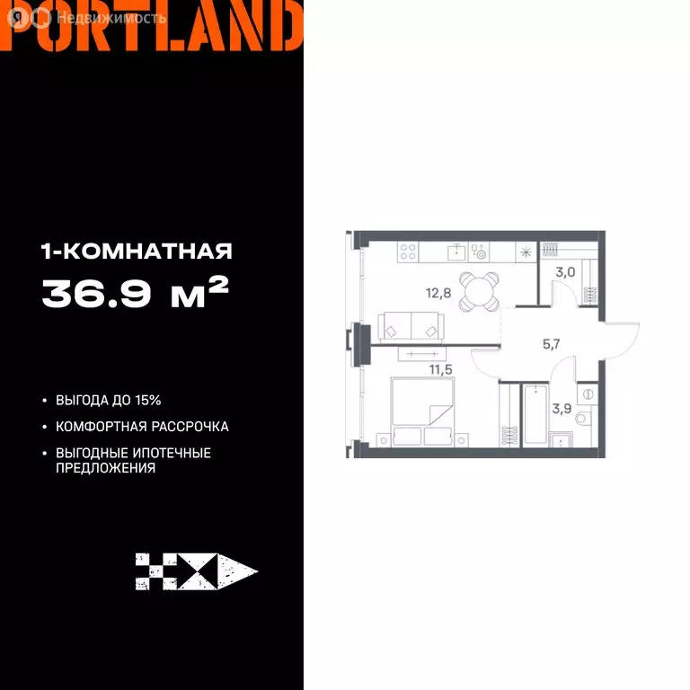 1-комнатная квартира: Москва, жилой комплекс Портлэнд (36.9 м) - Фото 0
