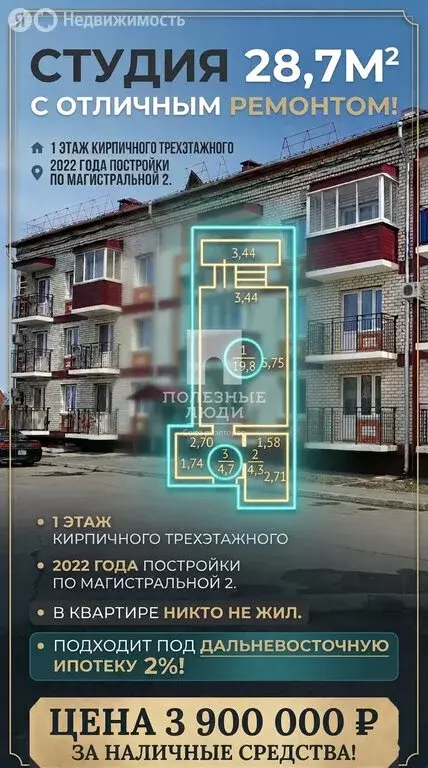 Квартира-студия: село Чигири, Магистральная улица, 2 (28.7 м) - Фото 1
