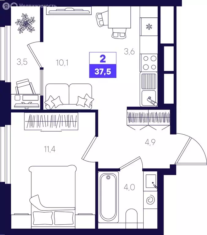 2-комнатная квартира: Тюмень, жилой комплекс Отличие (37.5 м) - Фото 1