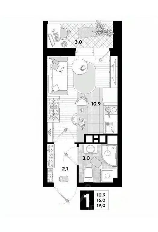 Студия Краснодарский край, Краснодар ул. Ивана Беличенко, 103 (19.0 м) - Фото 1