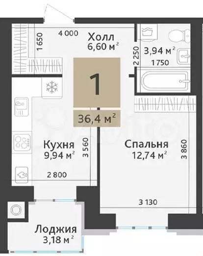 1-к. квартира, 36,4 м, 4/10 эт. - Фото 1