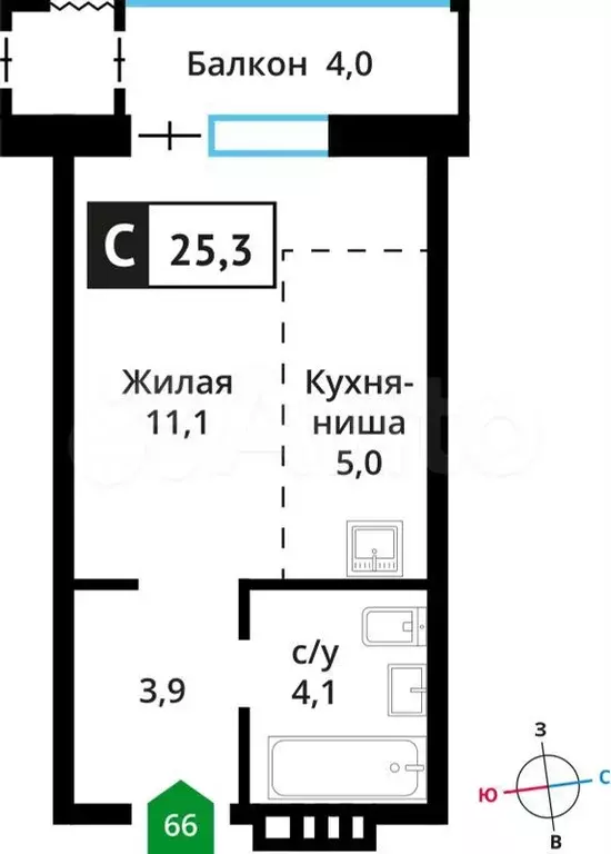 Квартира-студия, 25,3 м, 6/6 эт. - Фото 0