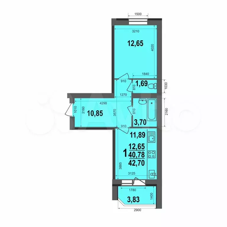 1-к. квартира, 42,7 м, 1/5 эт. - Фото 0