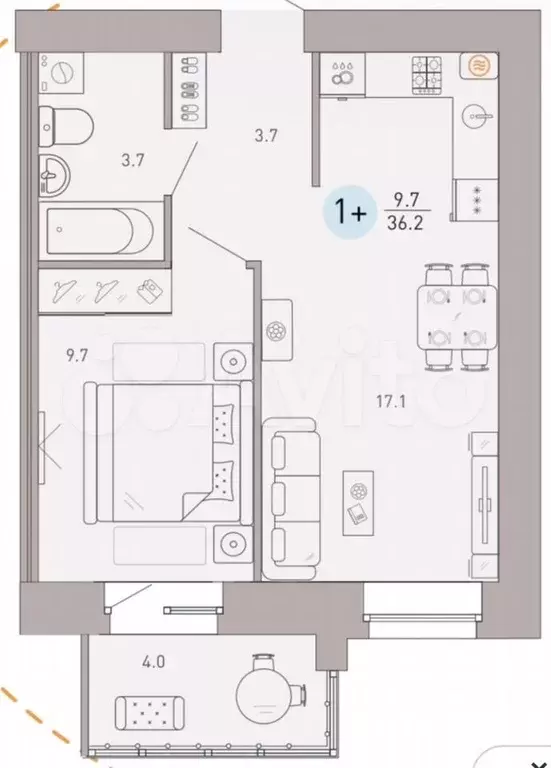 1-к. квартира, 36,2 м, 4/9 эт. - Фото 1