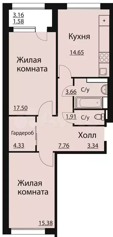 2-к. квартира, 69,3 м, 4/13 эт. - Фото 1