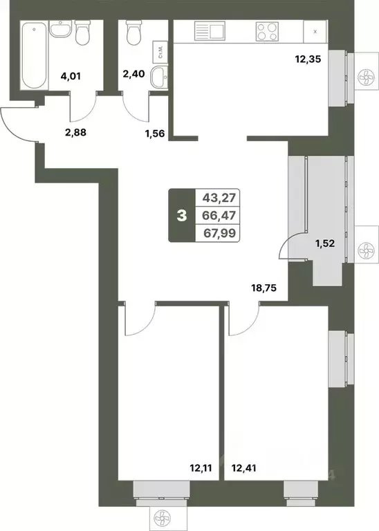 3-к кв. Башкортостан, Уфимский район, с. Миловка  (67.99 м) - Фото 0