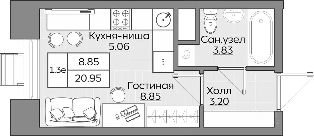 1-к кв. Татарстан, Казань ул. Рауиса Гареева (20.94 м) - Фото 0