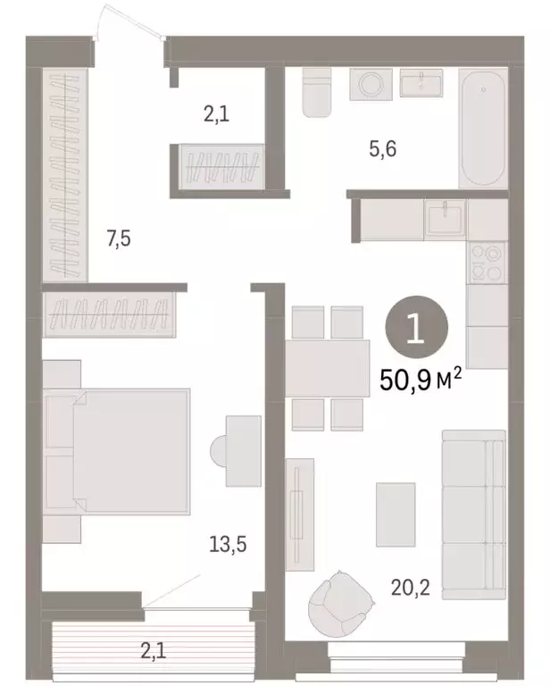 1-комнатная квартира: Тюмень, жилой комплекс Речной Порт (50.9 м) - Фото 2