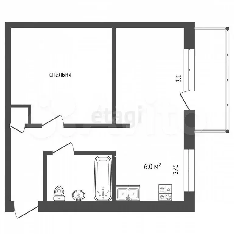 1-к. квартира, 30,6 м, 4/5 эт. - Фото 0