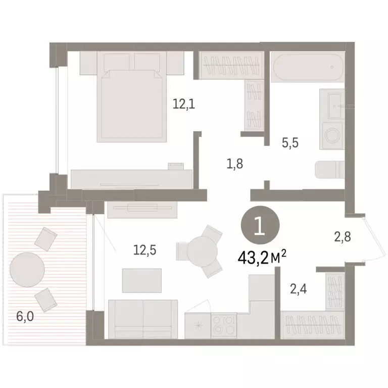 1-комнатная квартира: Тюмень, ЖК Дом у Озера (43.17 м) - Фото 1