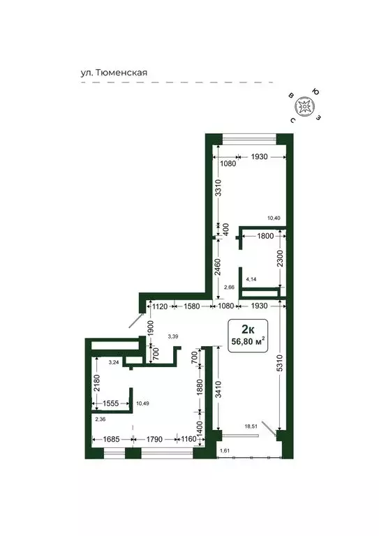 2-комнатная квартира: Дударева, ЖК Родина-2 (56.8 м) - Фото 1