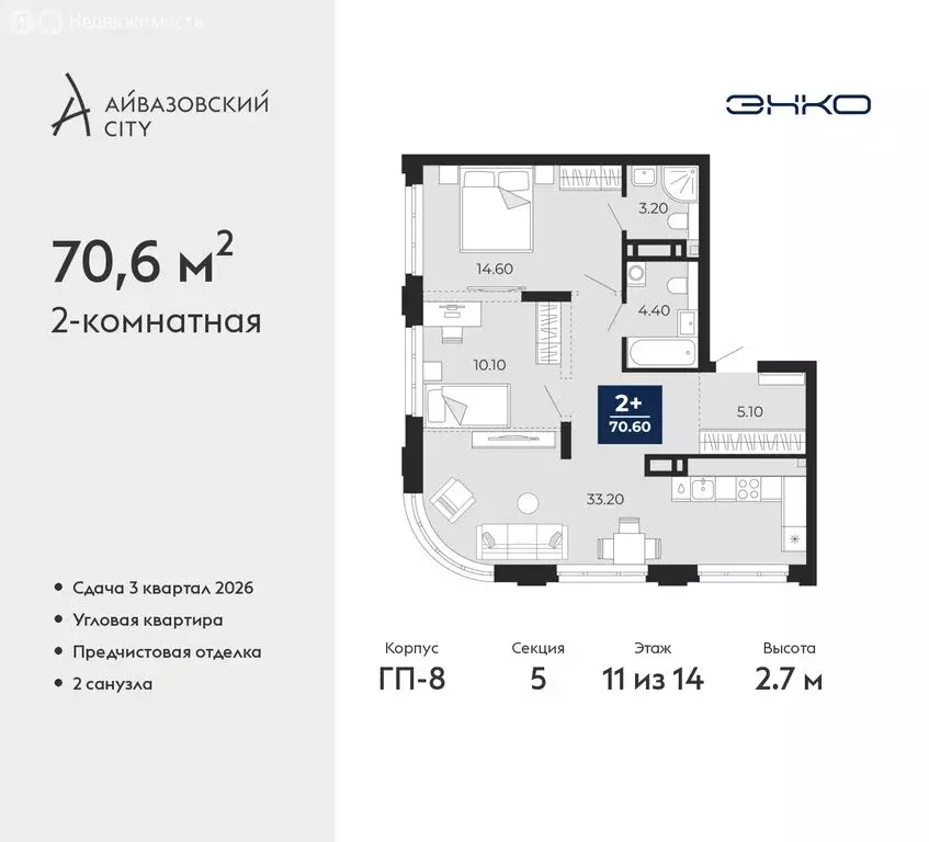 2-комнатная квартира: Тюмень, жилой комплекс Айвазовский Сити (70.6 м) - Фото 0