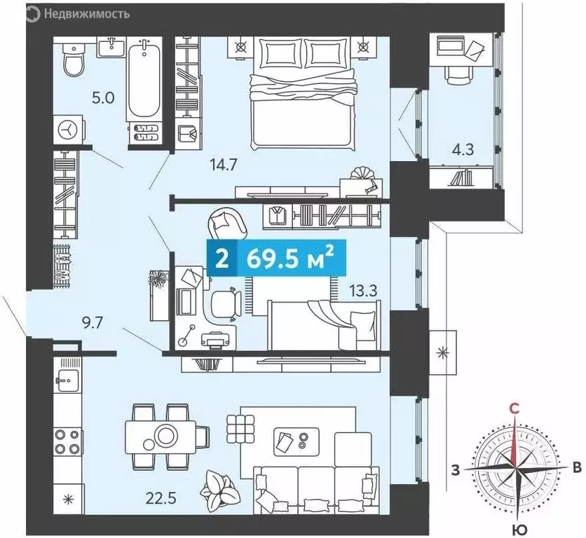 2-комнатная квартира: Засечное, Прибрежный бульвар, 5 (69.5 м) - Фото 0