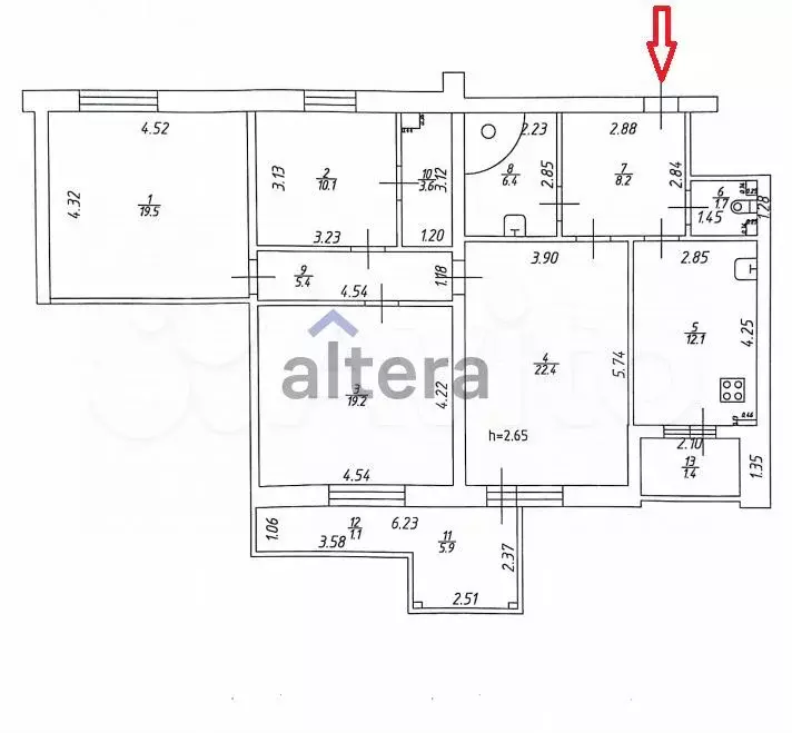 Доля в 4-к. квартире, 117 м, 7/10 эт. - Фото 0