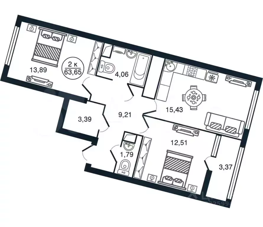 2-к кв. Тверская область, Тверь Бурашевское ш., 60 (63.7 м) - Фото 1