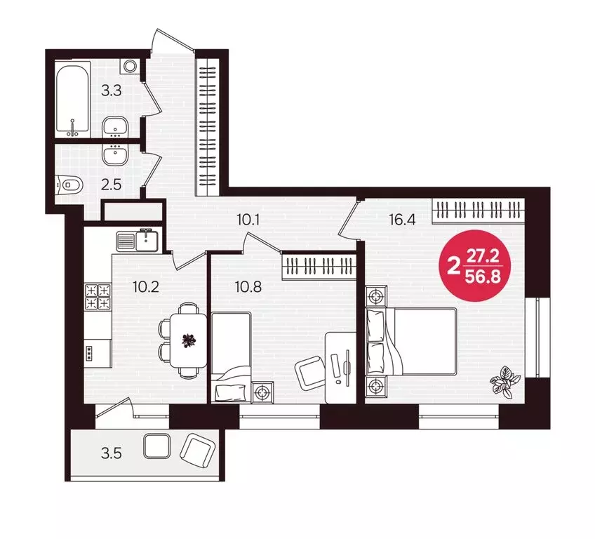 2-комнатная квартира: Новочебоксарск, улица 10-й Пятилетки, 5 (56.8 м) - Фото 2
