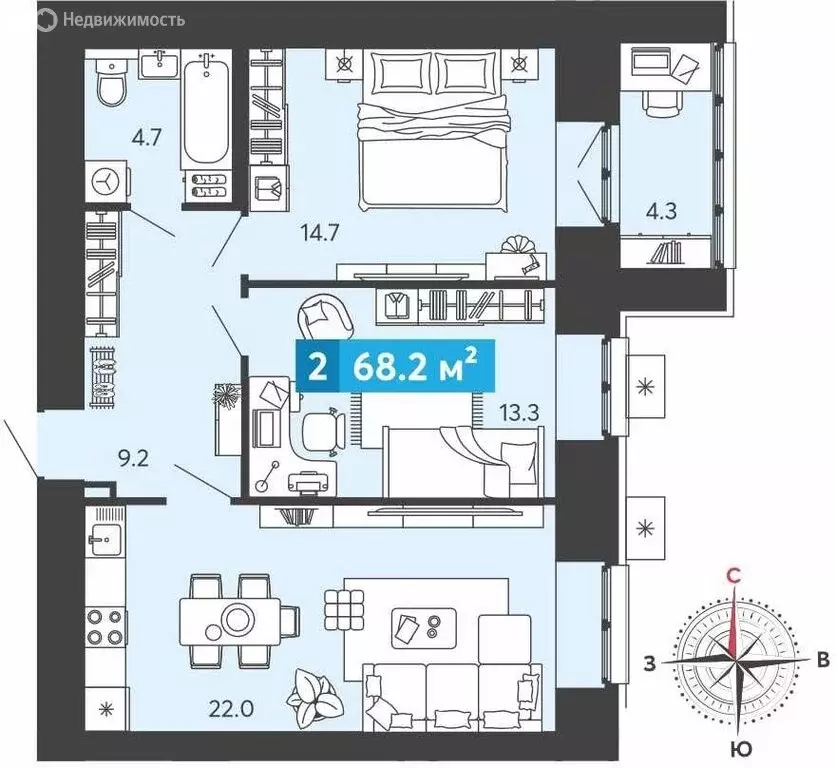 2-комнатная квартира: Засечное, Прибрежный бульвар, 5 (68.2 м) - Фото 0