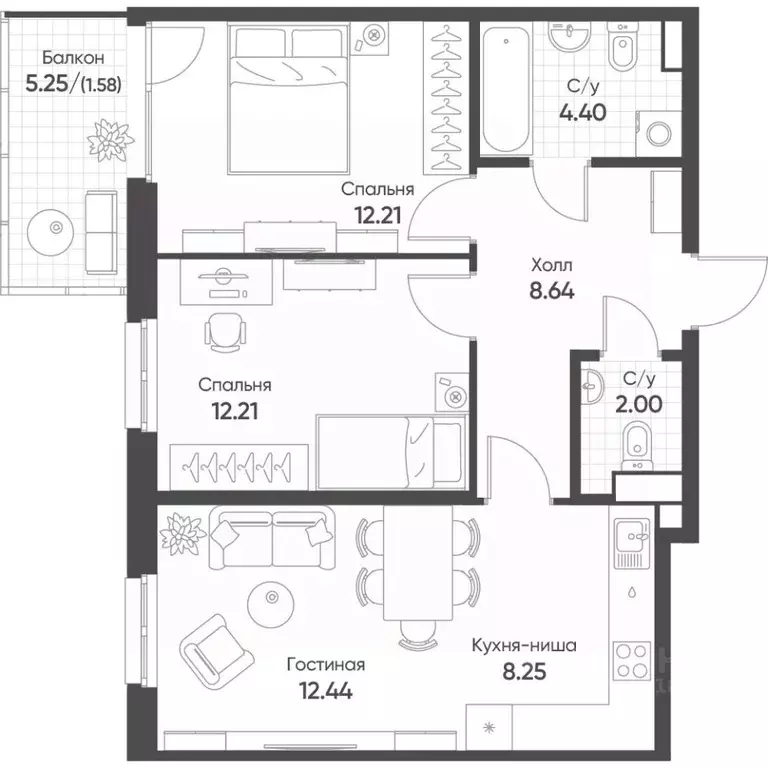 3-к кв. Татарстан, Казань Квартал Сюита жилой комплекс (61.7 м) - Фото 1