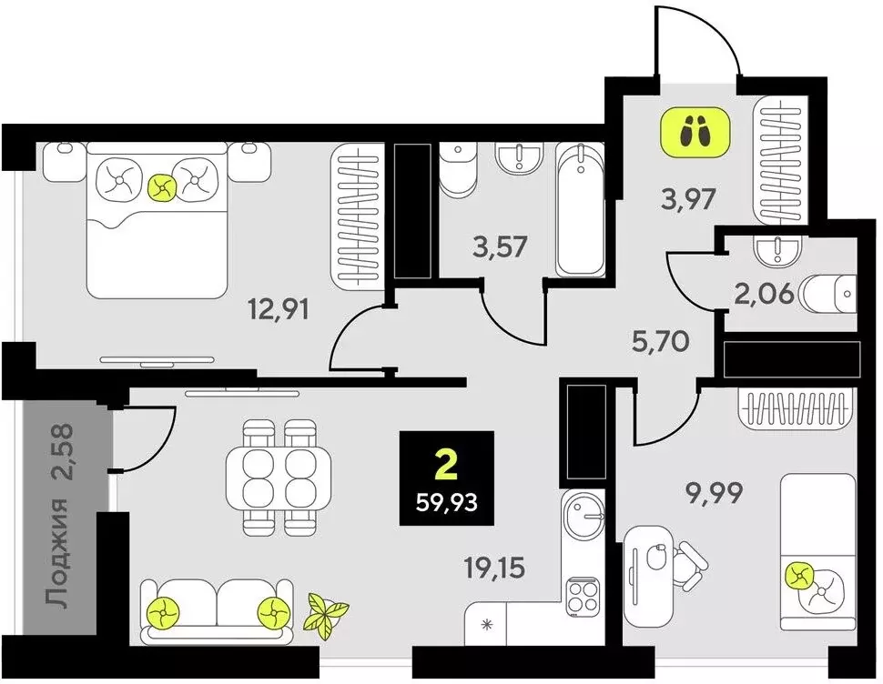 2-комнатная квартира: Тюмень, улица Андрея Приказнова, 1 (59.93 м) - Фото 0