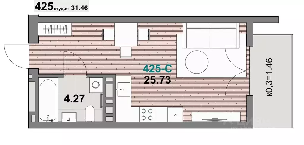 1-к кв. Калининградская область, Зеленоградск ул. Гагарина (31.46 м) - Фото 1