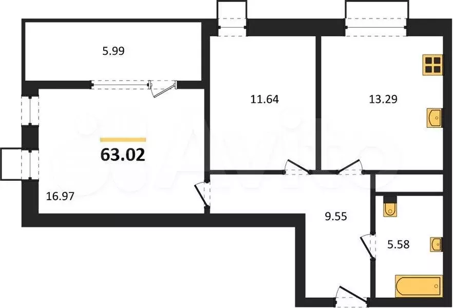 2-к. квартира, 63 м, 4/4 эт. - Фото 1
