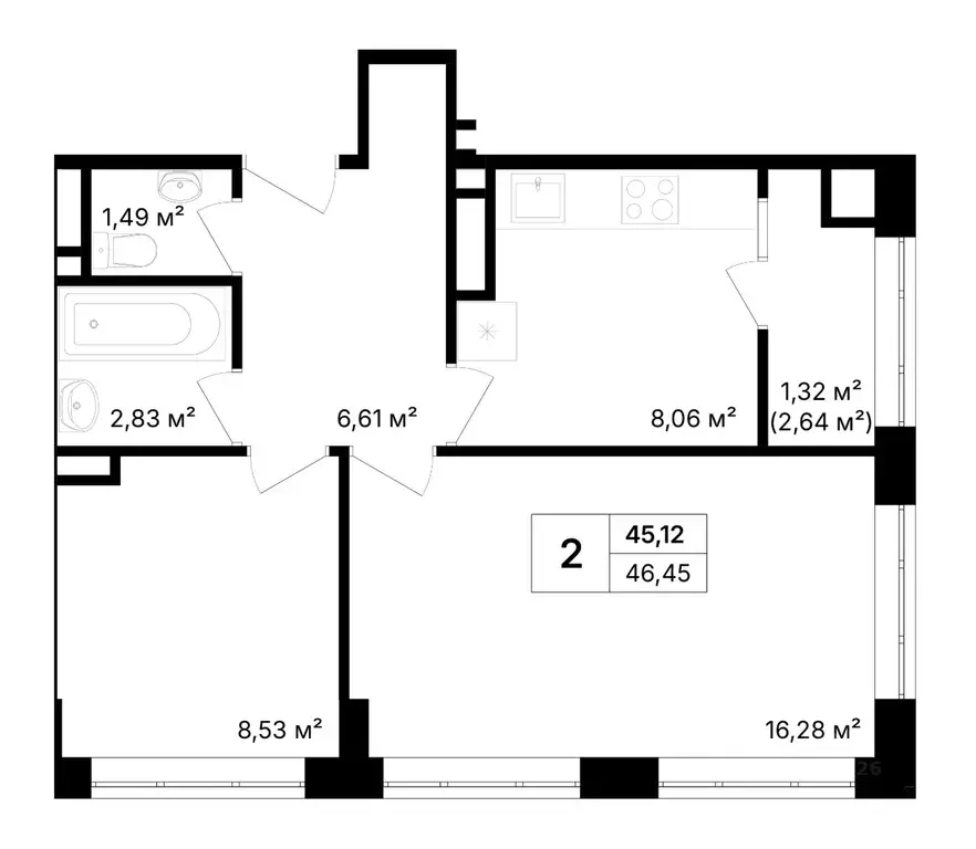 2-к кв. Крым, Щелкино Ленинский район, 2-й мкр,  (46.15 м) - Фото 1