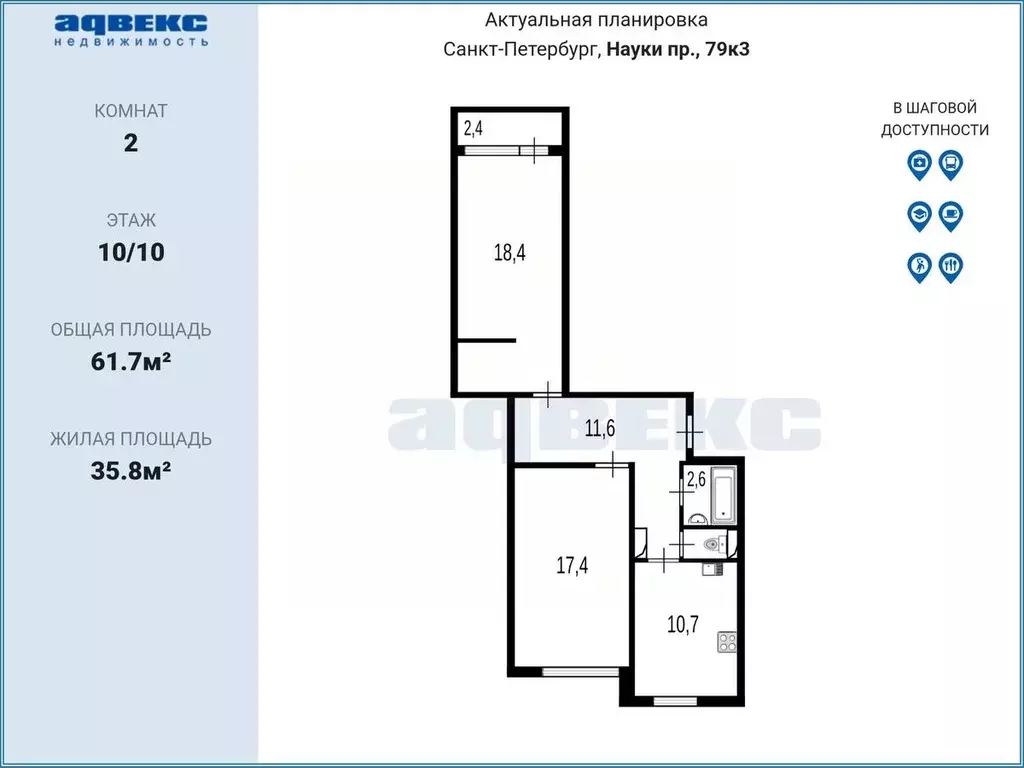 2-к кв. Санкт-Петербург просп. Науки, 79к3 (61.7 м) - Фото 1