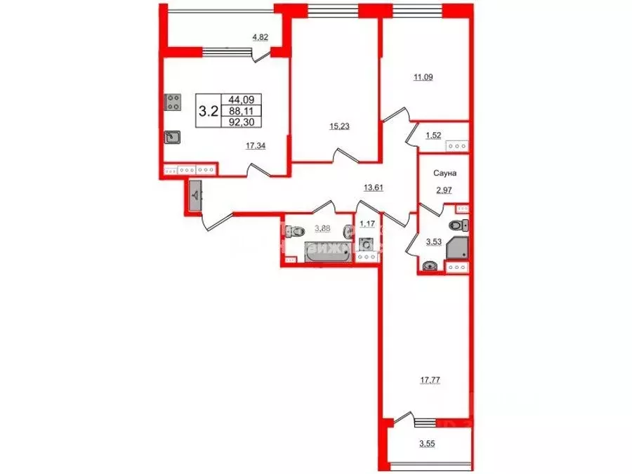 3-к кв. Санкт-Петербург Парашютная ул., 71к2 (92.3 м) - Фото 1