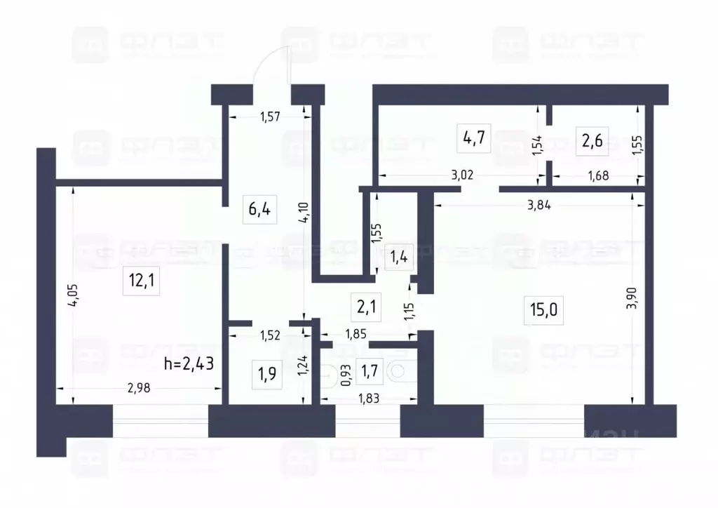 2-к кв. Татарстан, Казань Выборгская ул., 2 (47.9 м) - Фото 1