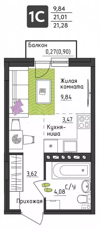 Квартира-студия, 21,3 м, 4/4 эт. - Фото 0