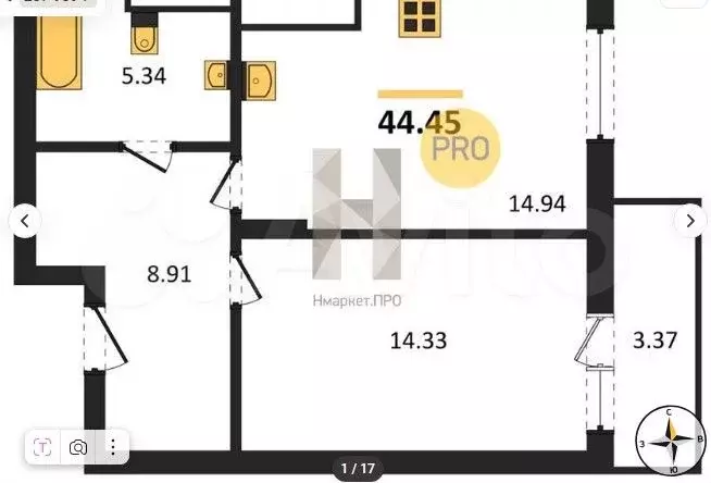 1-к. квартира, 44,5 м, 3/7 эт. - Фото 1