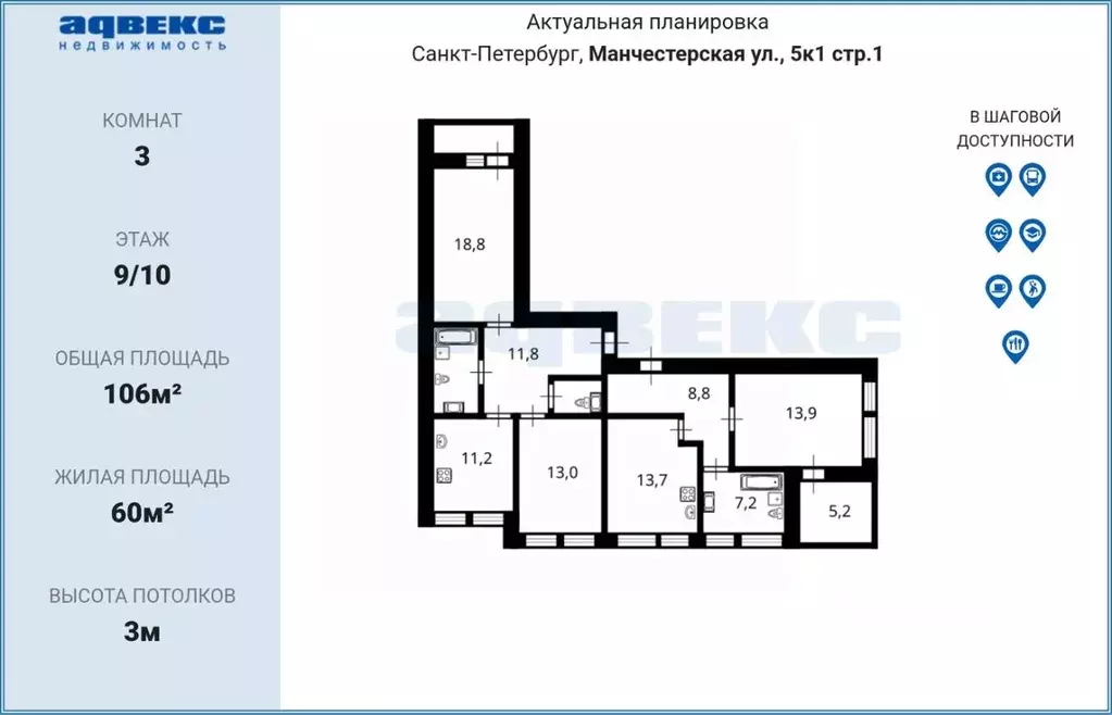 3-к кв. Санкт-Петербург Манчестерская ул., 5к1 (106.0 м) - Фото 2