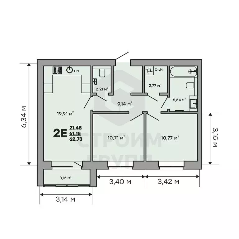 2-комнатная квартира: Ковров, улица Строителей, 43/1 (62.73 м) - Фото 2