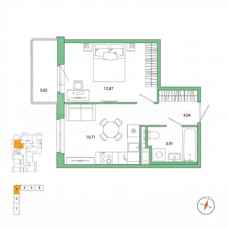 1-к. квартира, 32,6 м, 3/7 эт. - Фото 0