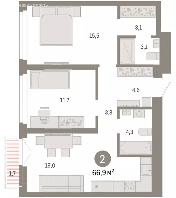 2-комнатная квартира: Новосибирск, Большевистская улица, 66 (66.87 м) - Фото 2