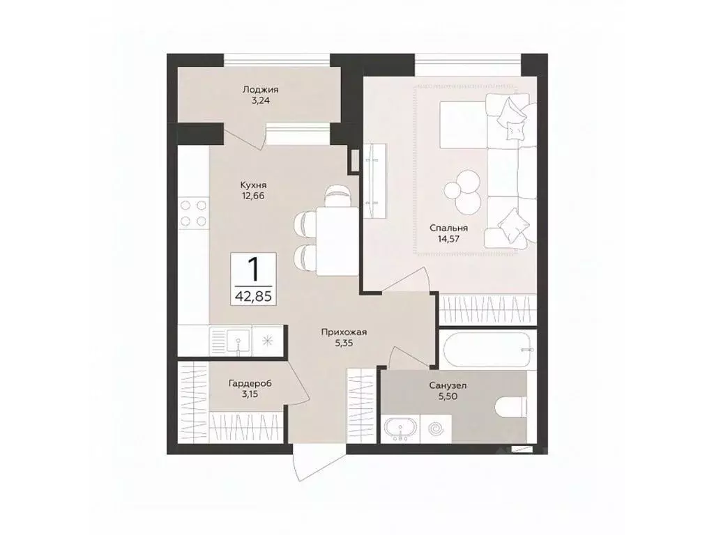 1-к кв. Воронежская область, Воронеж Эклипс жилой комплекс (42.85 м) - Фото 1