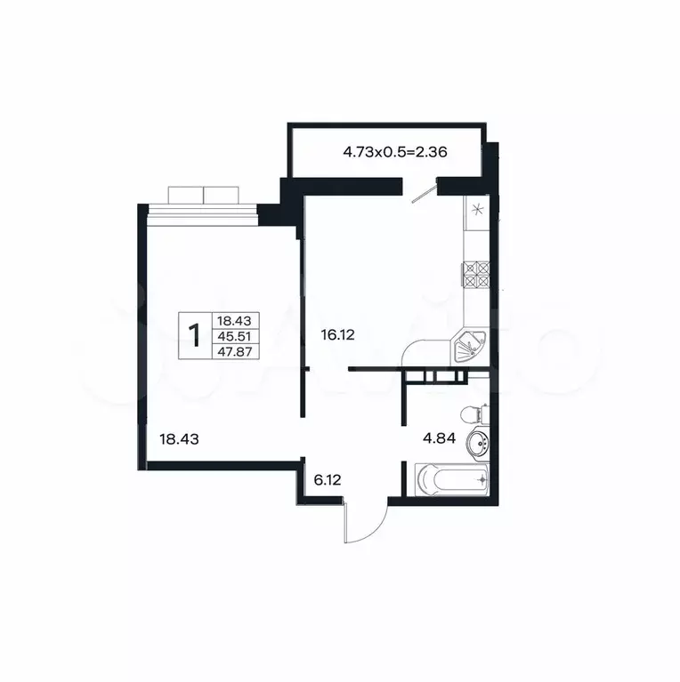 1-к. квартира, 47,9 м, 12/12 эт. - Фото 1