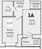 1-к. квартира, 35,3м, 9/9эт. - Фото 1