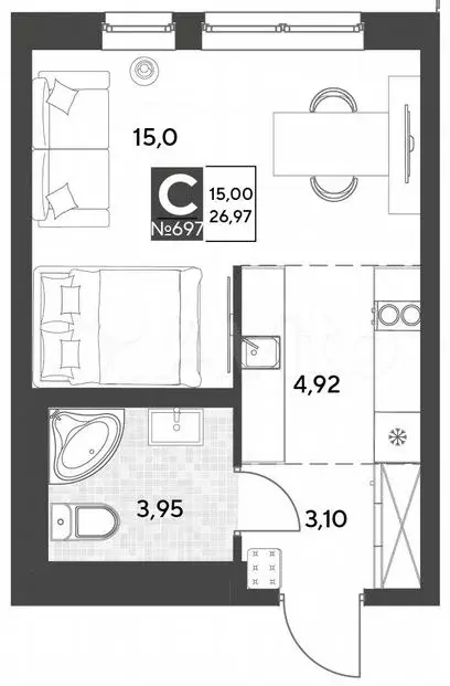 Квартира-студия, 27м, 11/25эт. - Фото 0