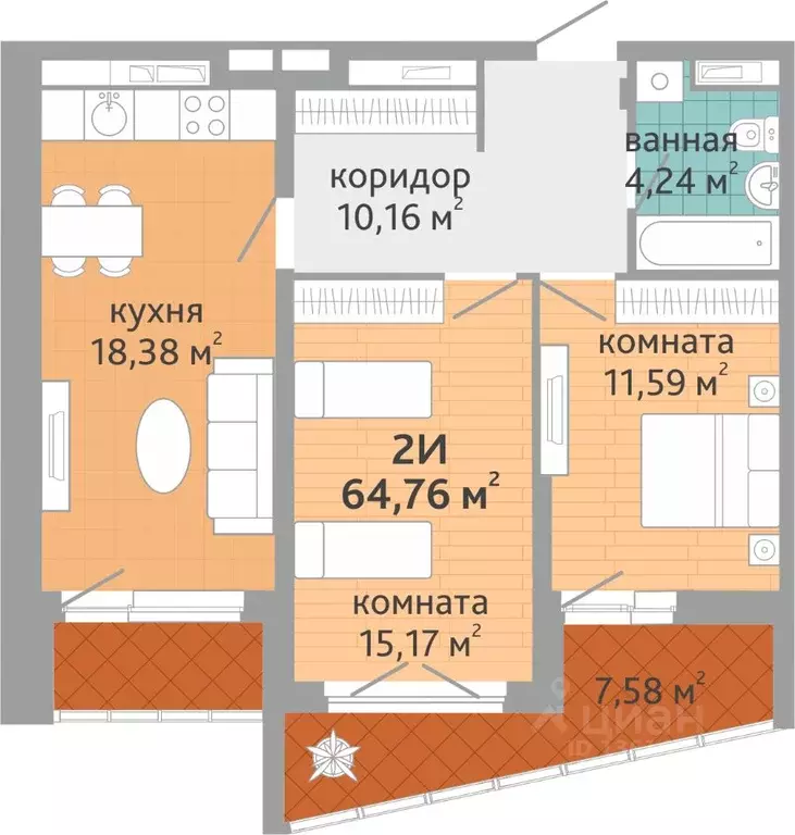 2-к кв. Свердловская область, Екатеринбург ул. Коперника, 33 (64.76 м) - Фото 1