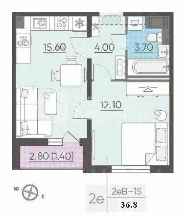 1-к кв. Санкт-Петербург ул. Дыбенко, 7к1 (35.4 м) - Фото 2