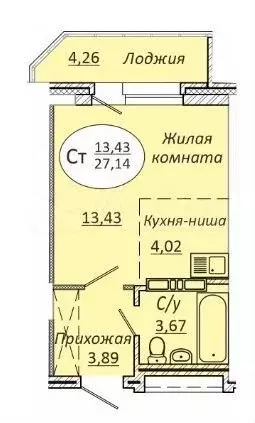 Квартира-студия, 27,1 м, 16/23 эт. - Фото 0